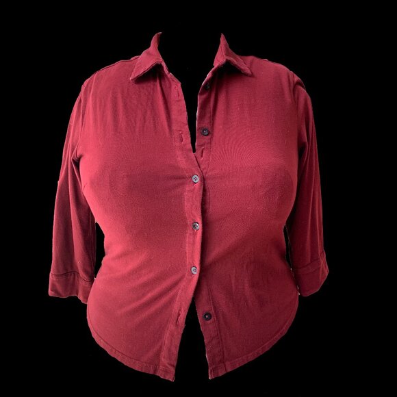 Eshakti burgundy knit Button-Down Blouse with 3/4 sleeves - Picture 1 of 5